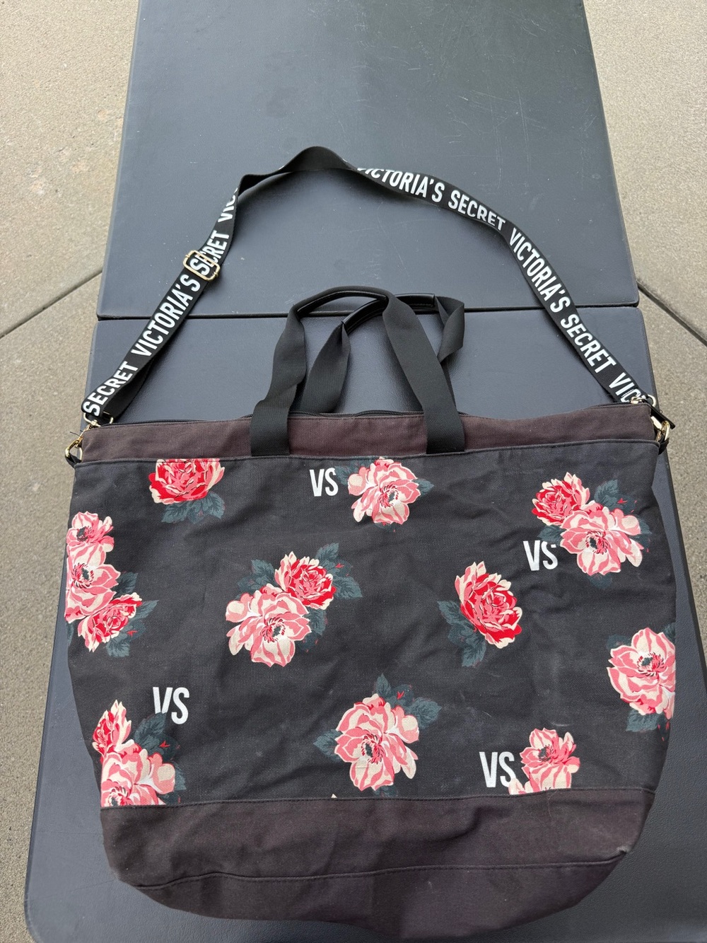 2018 Victoria's Secret Black Floral Tote Weekender Getaway Tote Bag,